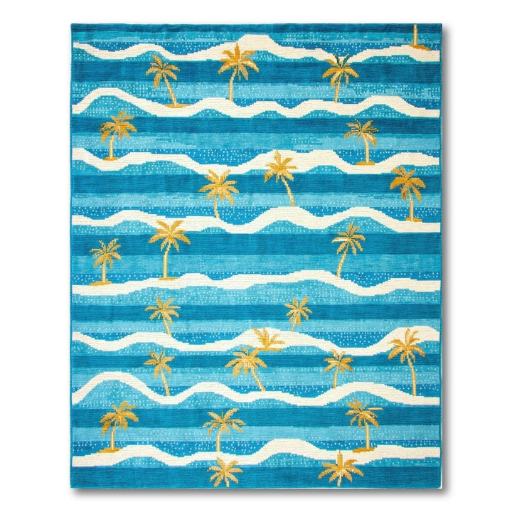 Blue and Teal Blue Teal Palm Wave Coastal Area Rug