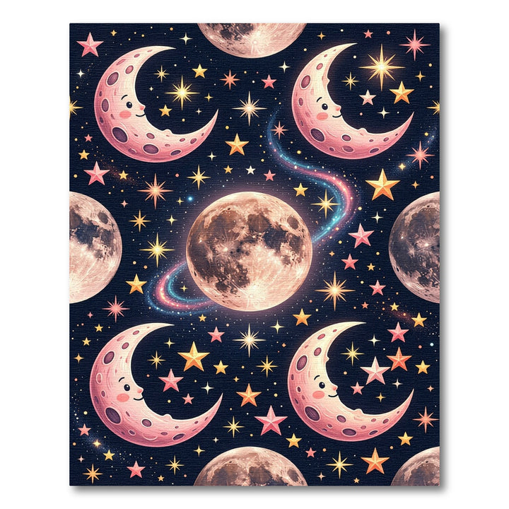 Whimsical Pink Crescent Moon Stars Rug