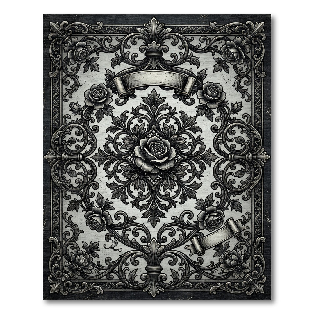 Ornate Black Rose Scrollwork Rug