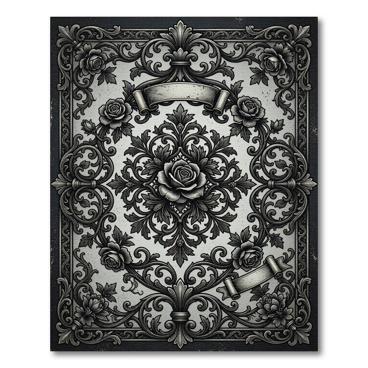 Ornate Black Rose Scrollwork Rug