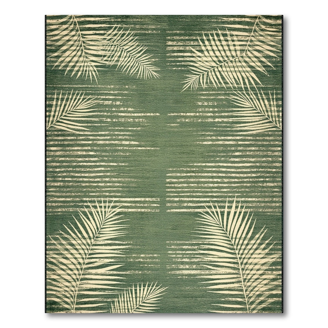Green Palm Leaf Washable Area Rug