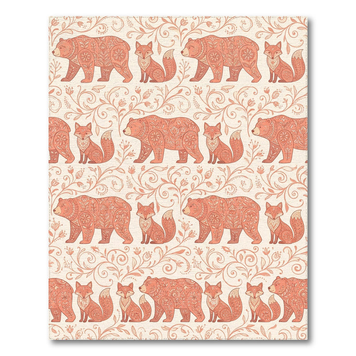 Salmon Folk Art Bear Fox Vine Repeat Rug