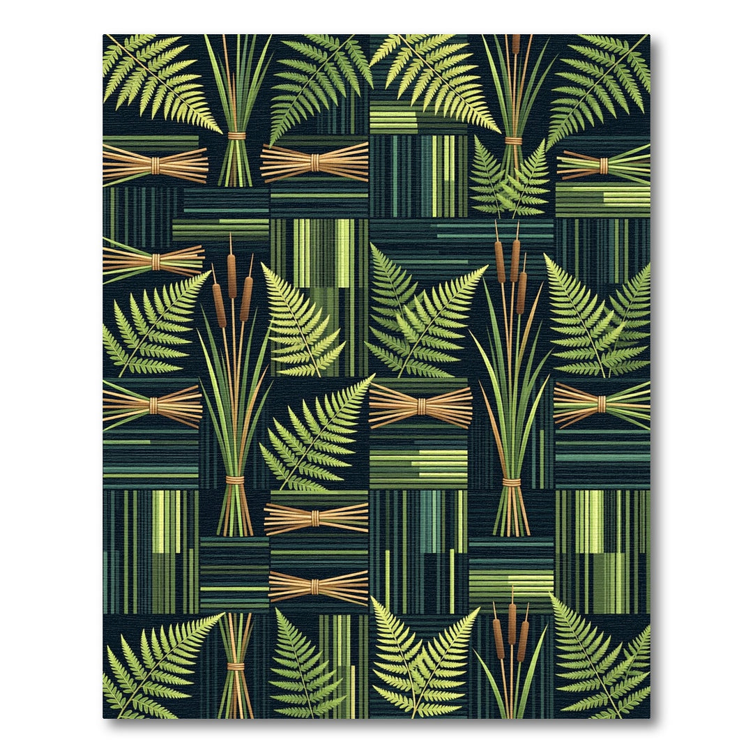 Green Fern Cattail Stripe Quilt Rug