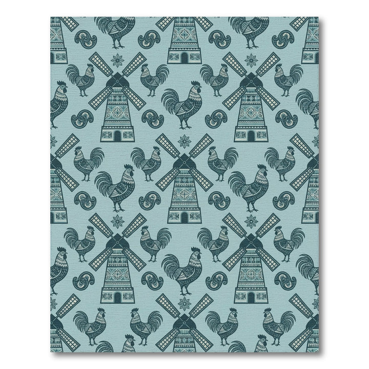 Teal Rooster Windmill Folk Art Rug