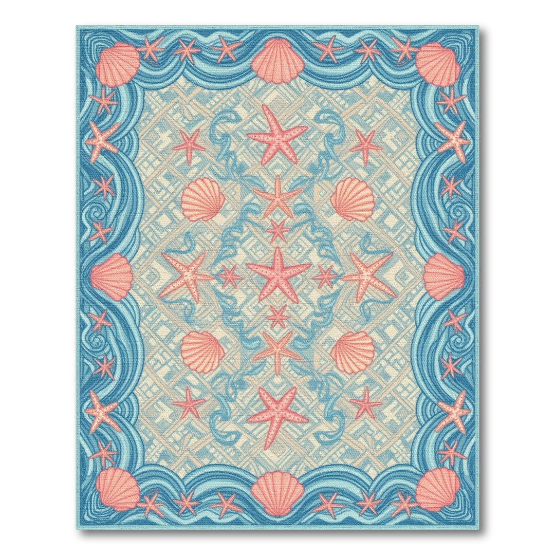 Coastal Blue Starfish Seashell Washable Area Rug