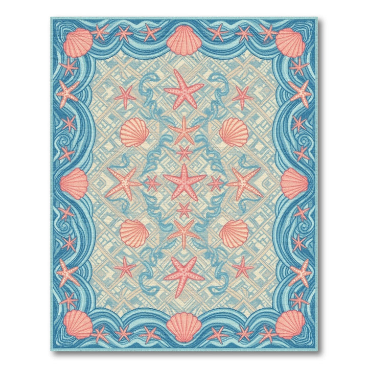 Coastal Blue Starfish Seashell Washable Area Rug