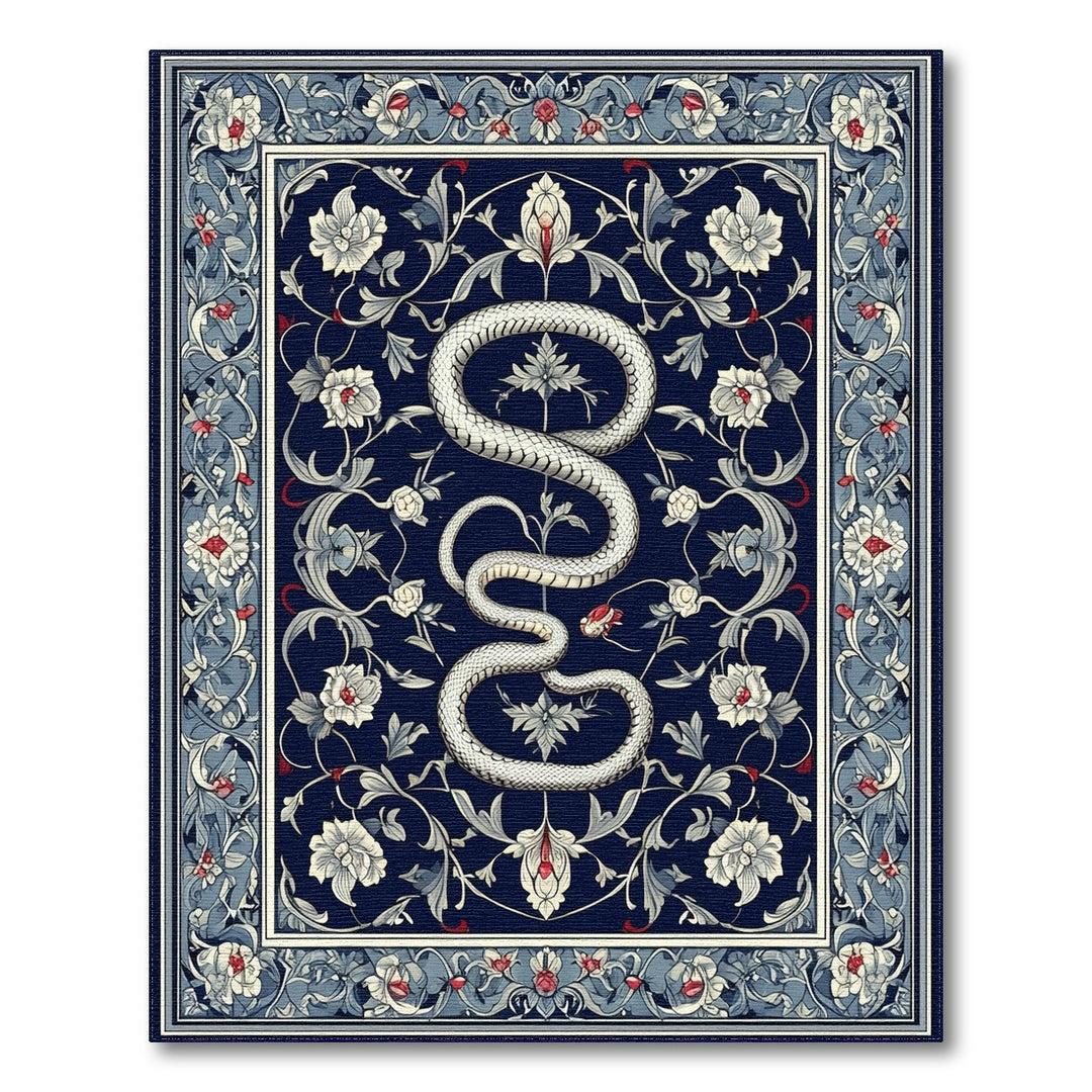 White Serpent Floral Navy Area Rug