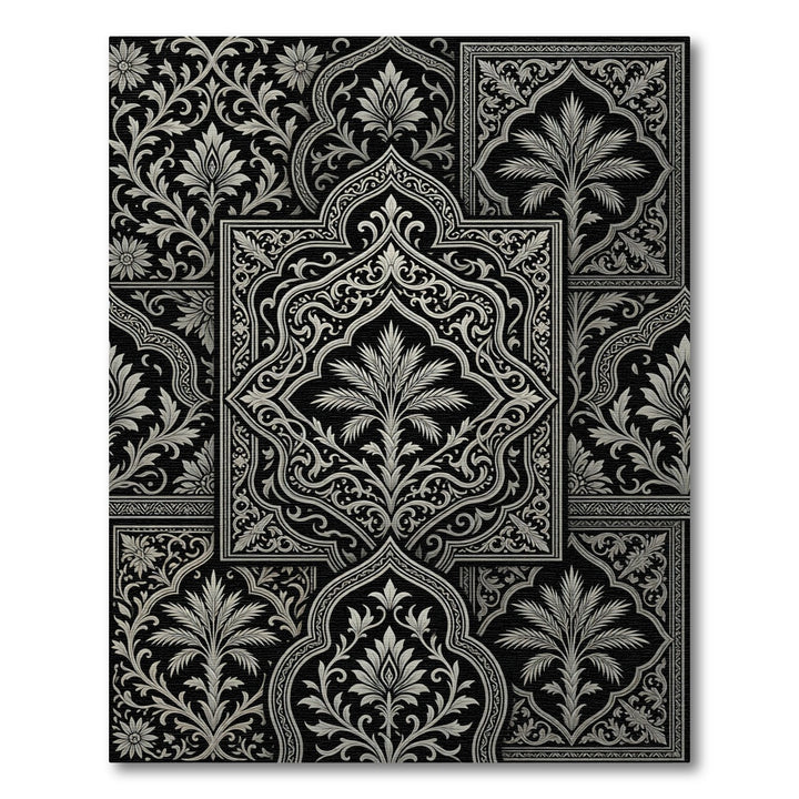 Black White Floral Tree Medallion Composition Rug