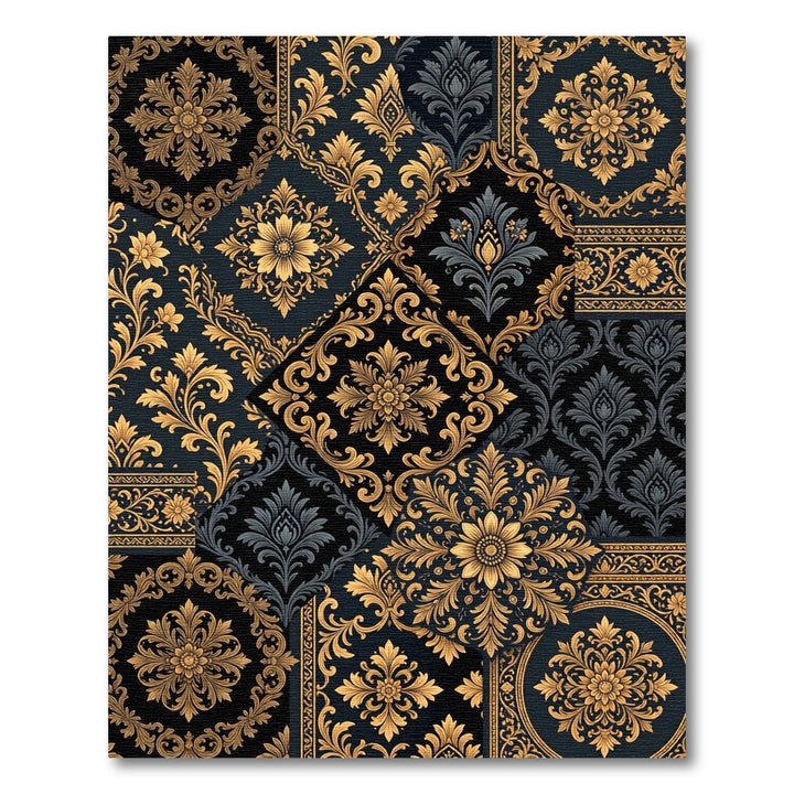 Ornate Gold and Charcoal Damask Collage Rug
