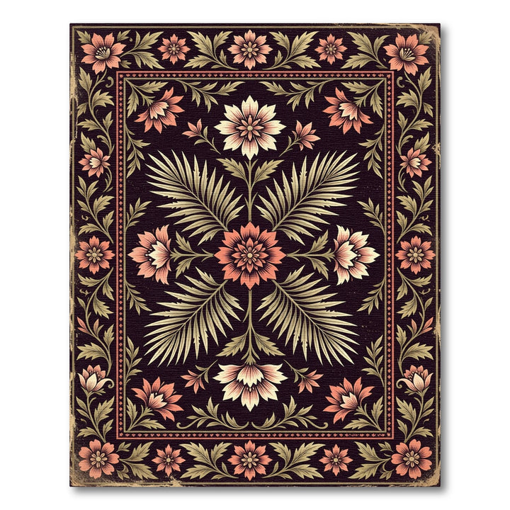 Vintage Peach Floral Botanical Frame Rug