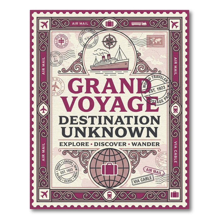 Vintage Burgundy Ship Globe Stamp Rug