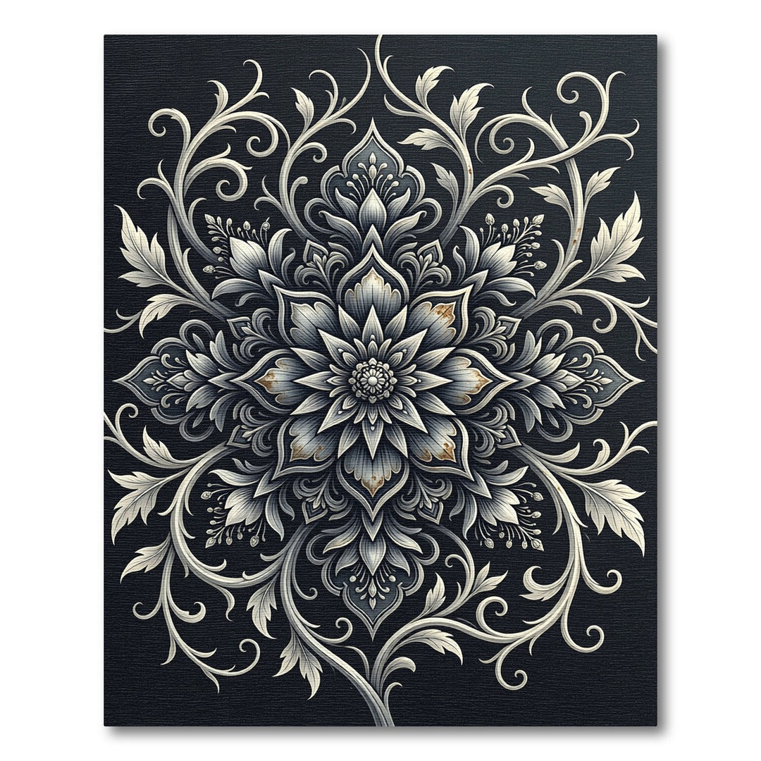 Black White Ornate Floral Mandala Rug
