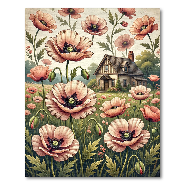 Peach Poppy Garden Cottage Scene Rug