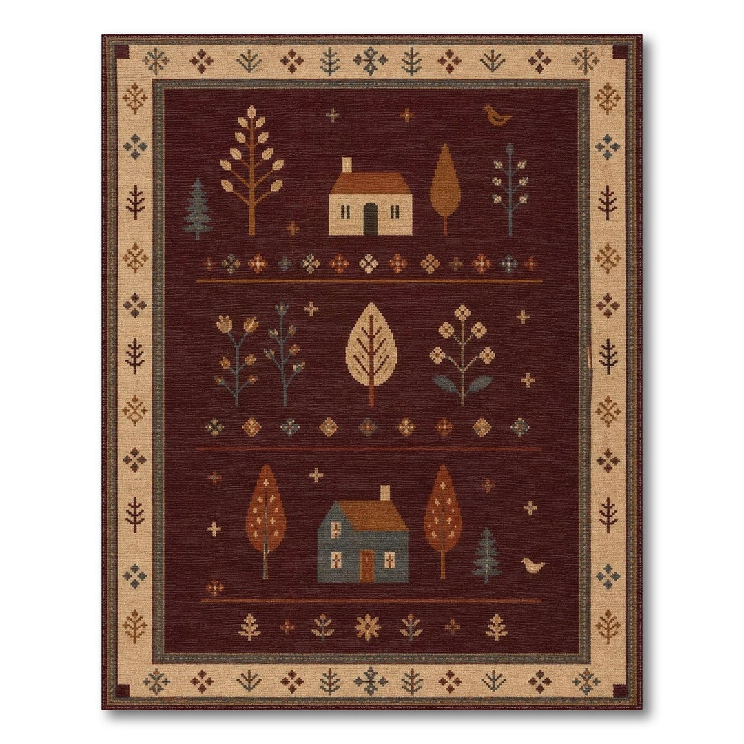 Red Rustic Farmhouse Area Rug with Houses and Trees