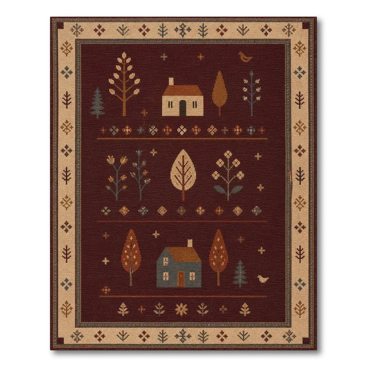 Red Rustic Farmhouse Area Rug with Houses and Trees
