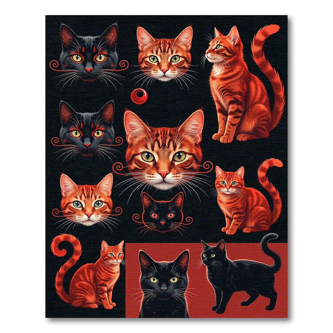 Vibrant Black Orange Feline Collage Rug