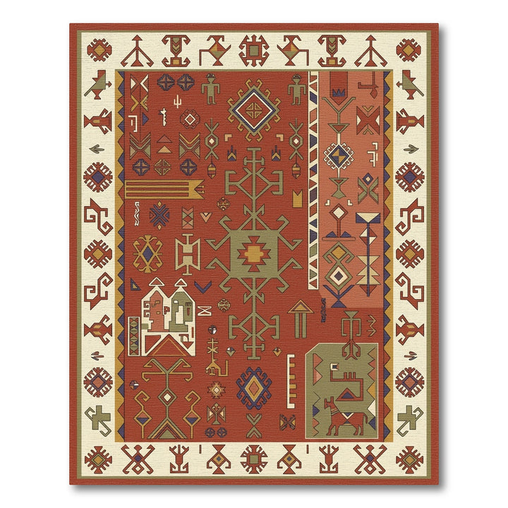Rustic Red Geometric Cultural Allegory Rug