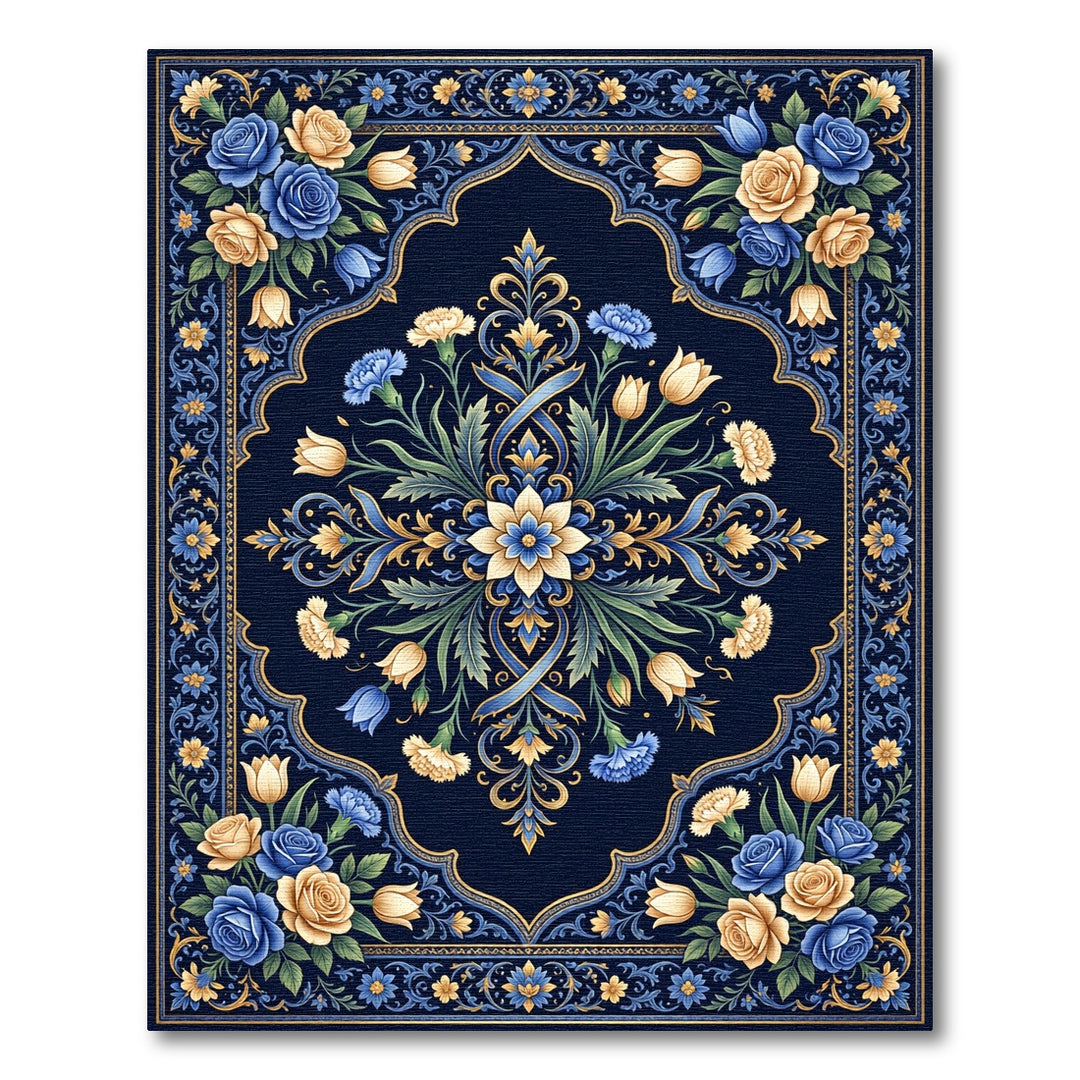 Midnight Blue Floral Scroll Medallion Rug
