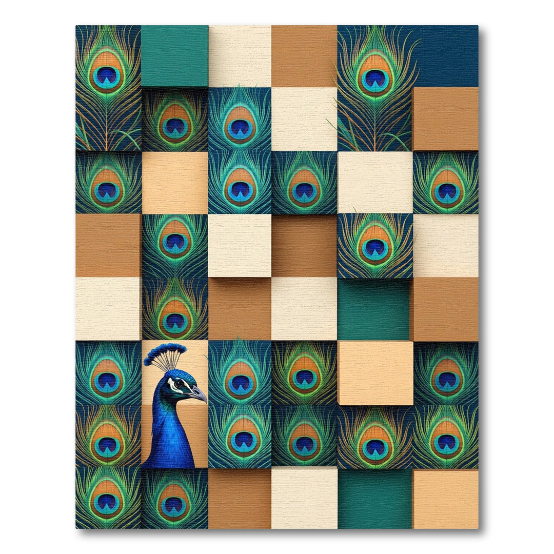 Rich Blue Peacock Feather Squares Rug