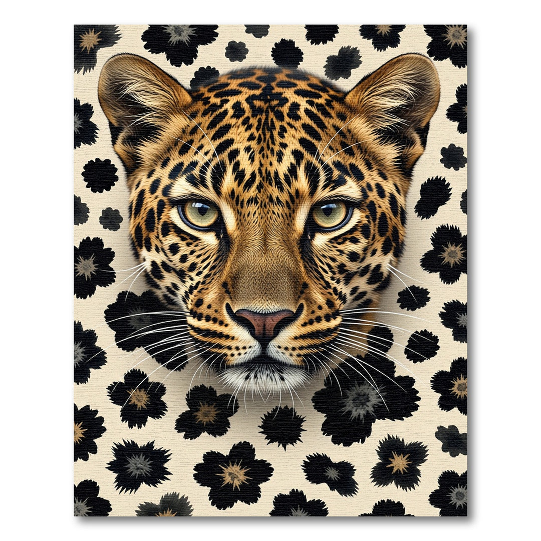 Leopard Face With Black Floral Accents Rug