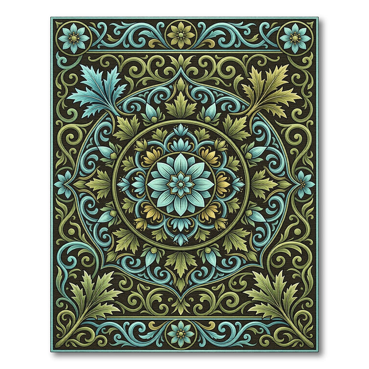Ornate Teal and Gold Floral Mandala Rug