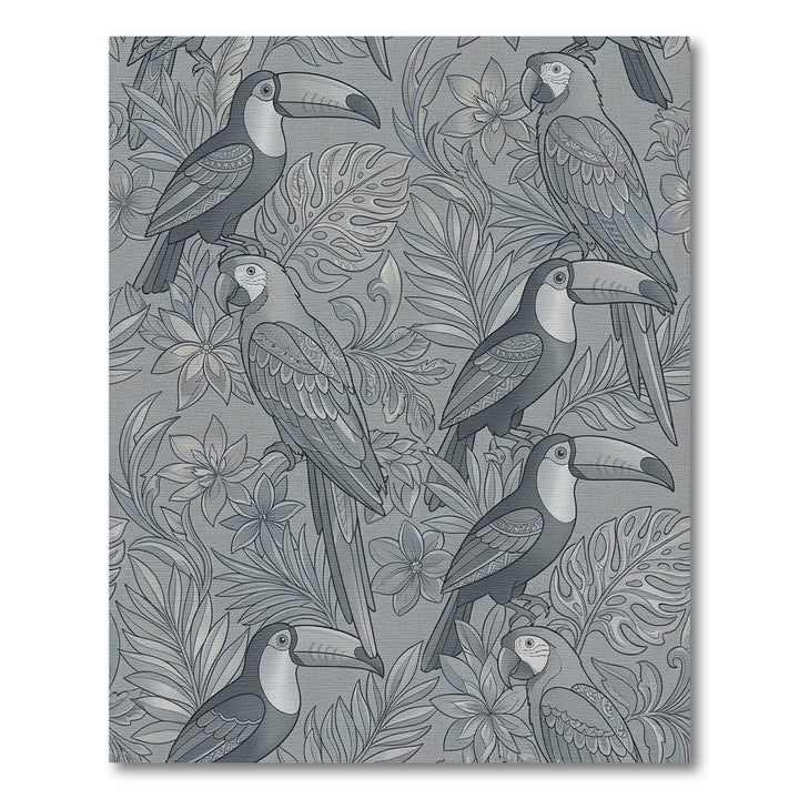 Charcoal Gray Tropical Birds Wallpaper Rug