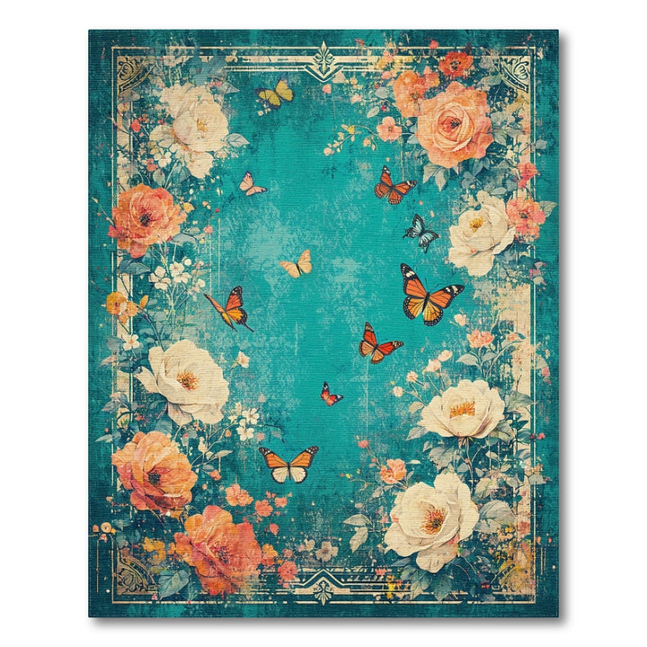 Distressed Teal Floral Vintage Area Rug with Butterflies