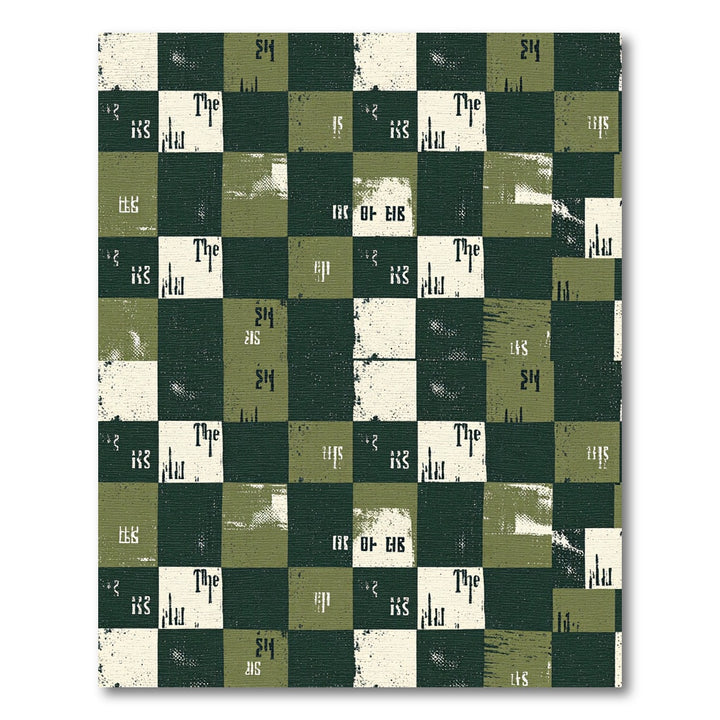 Distressed Chessboard Green Ivory Text Rug