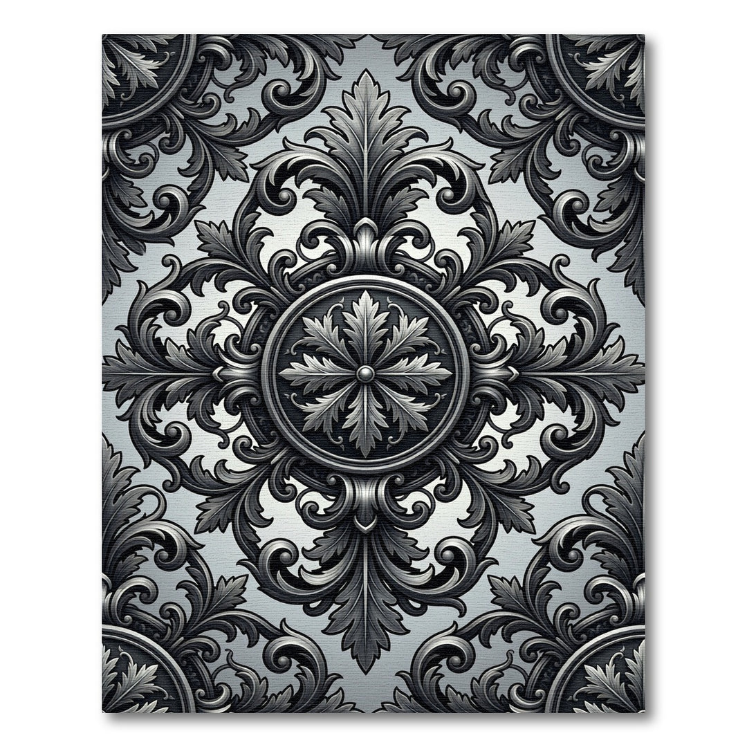 Ornate Black and White Acanthus Scrollwork Rug