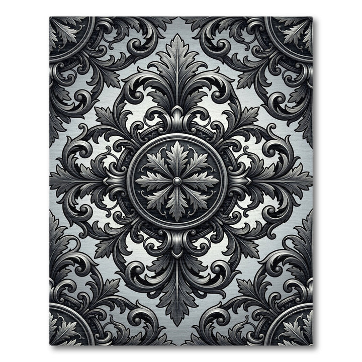 Ornate Black and White Acanthus Scrollwork Rug