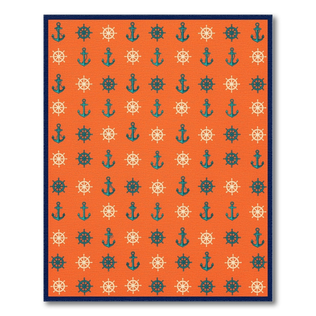 Orange Nautical Anchor and Wheel Area Rug