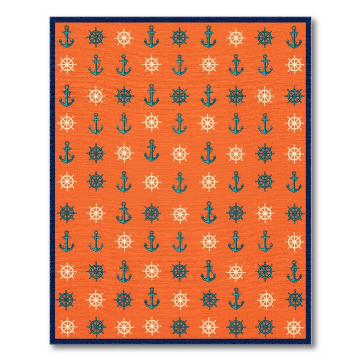 Orange Nautical Anchor and Wheel Area Rug