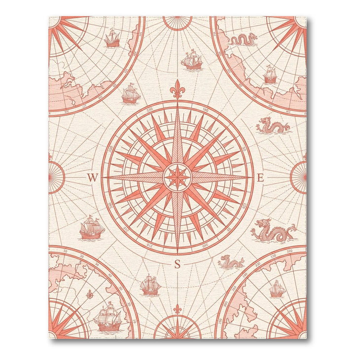 Coral Nautical Compass Ship Dragon Map Rug