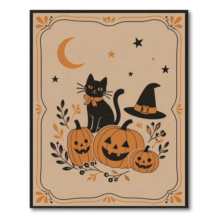 Beige and Neutral Halloween Black Cat Pumpkin Area Rug