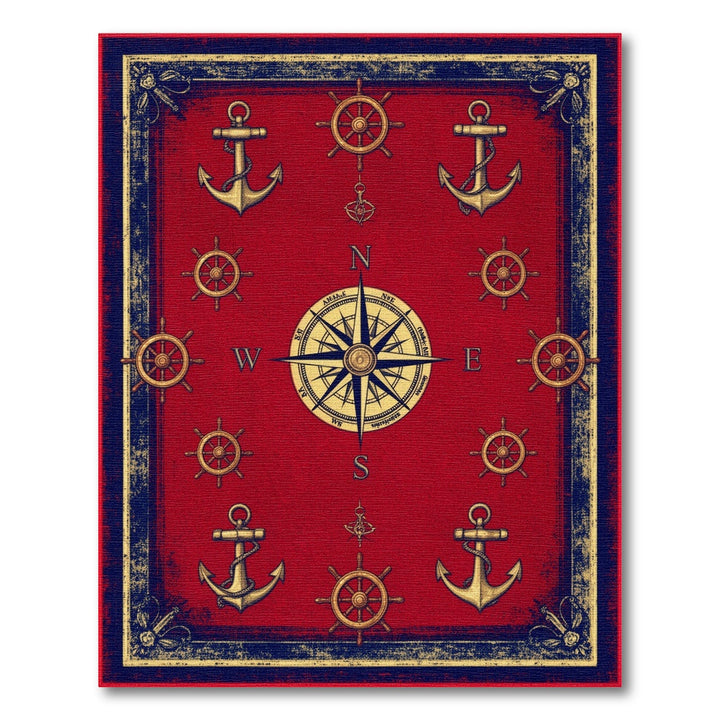 Red Nautical Compass Anchor Vintage Area Rug