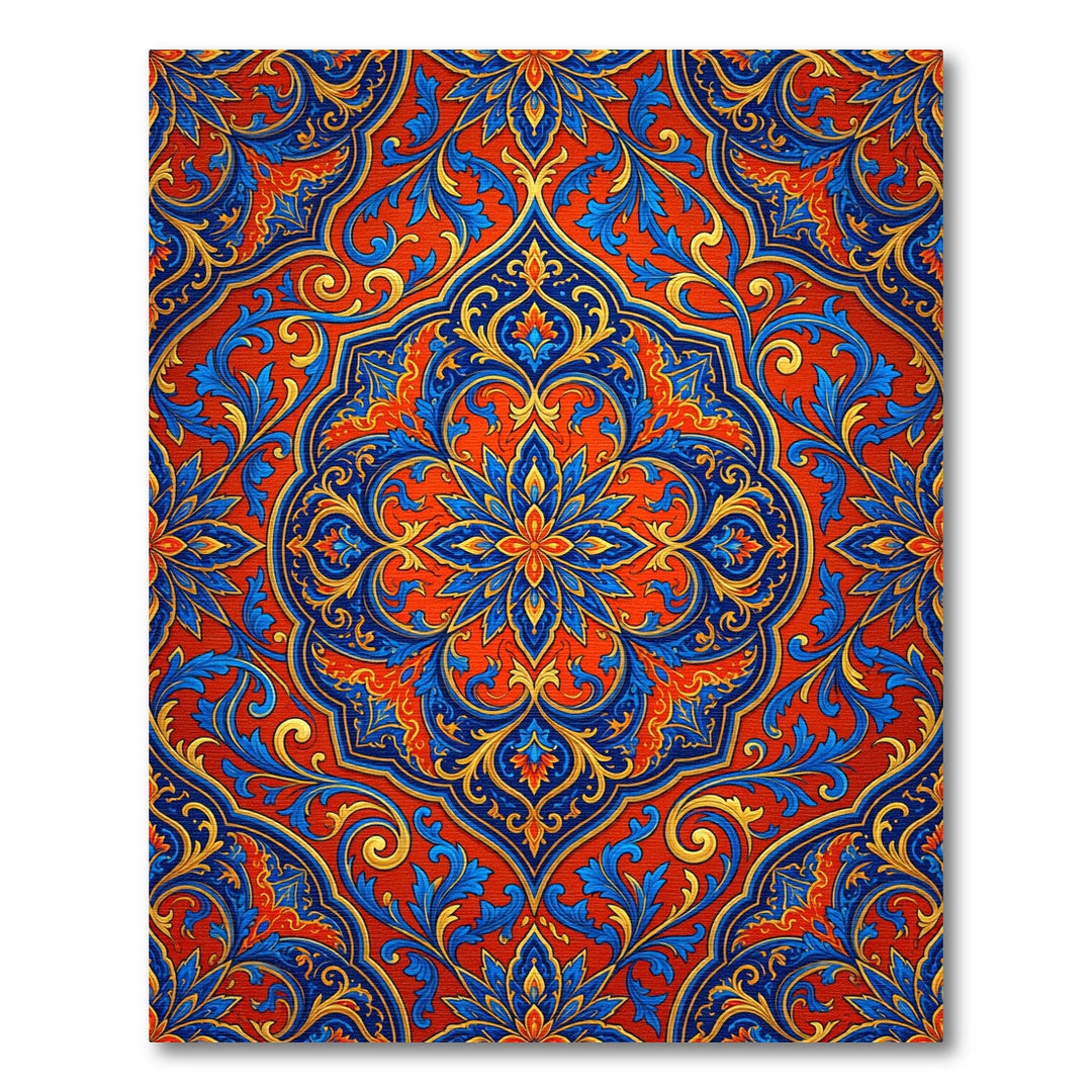 Ornate Sapphire Red Gold Medallion Rug