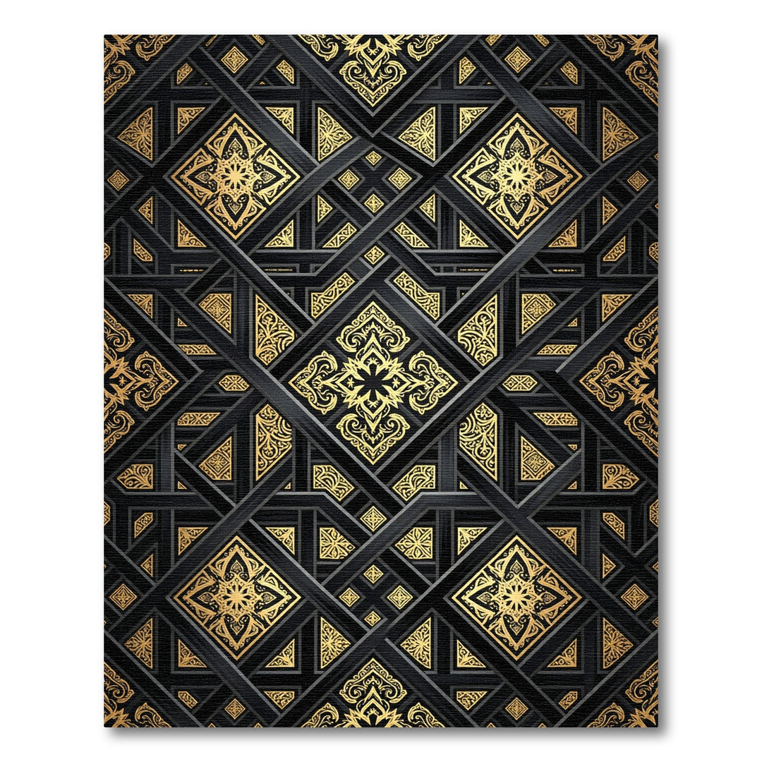 Black Gold Geometric Arabesque Relief Rug