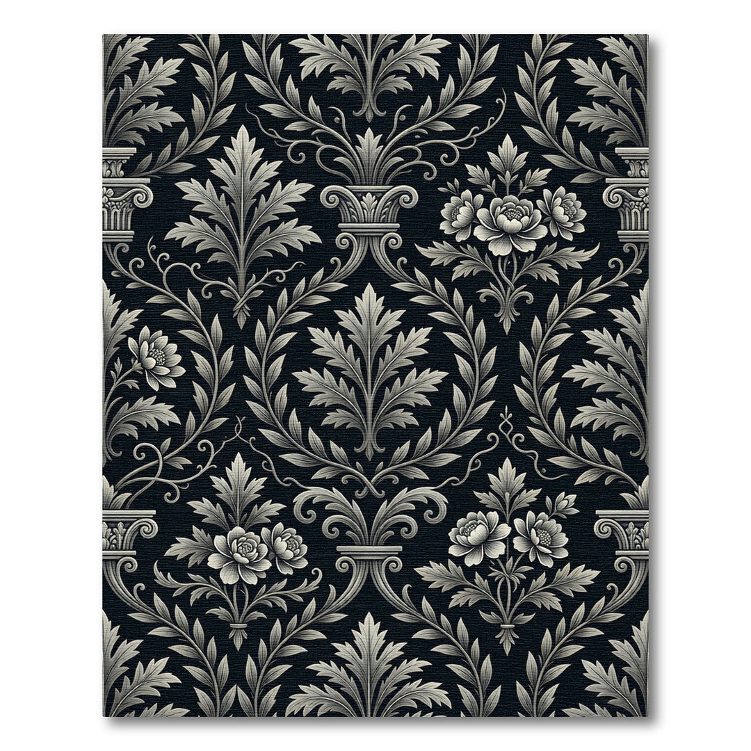 Ornate Floral Scrollwork Black Beige Rug
