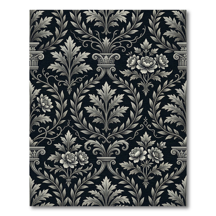 Ornate Floral Scrollwork Black Beige Rug