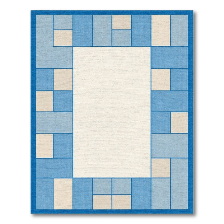 Blue and Teal Blue Geometric Border Area Rug
