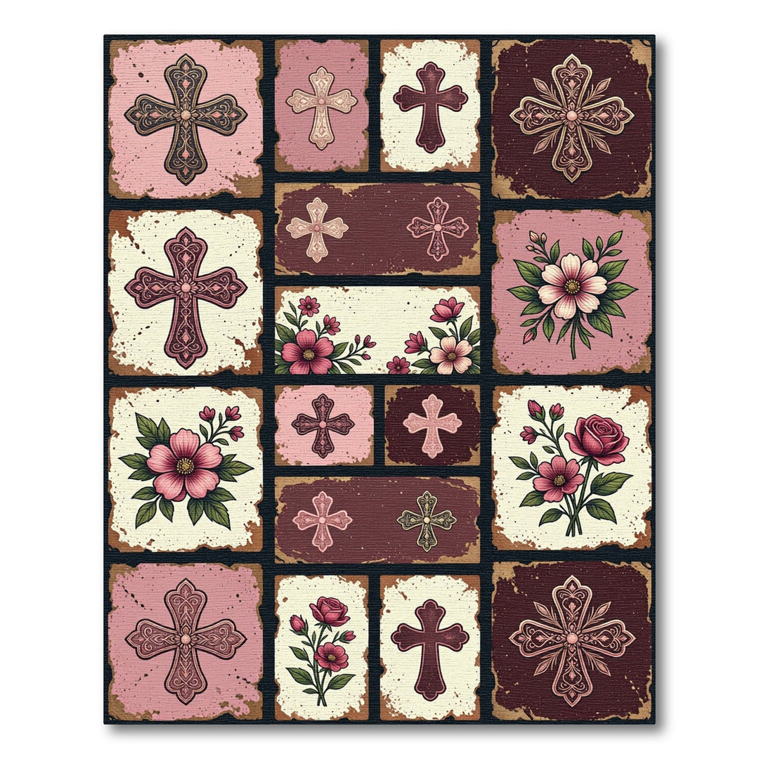 Pink Floral Cross Collage Rug