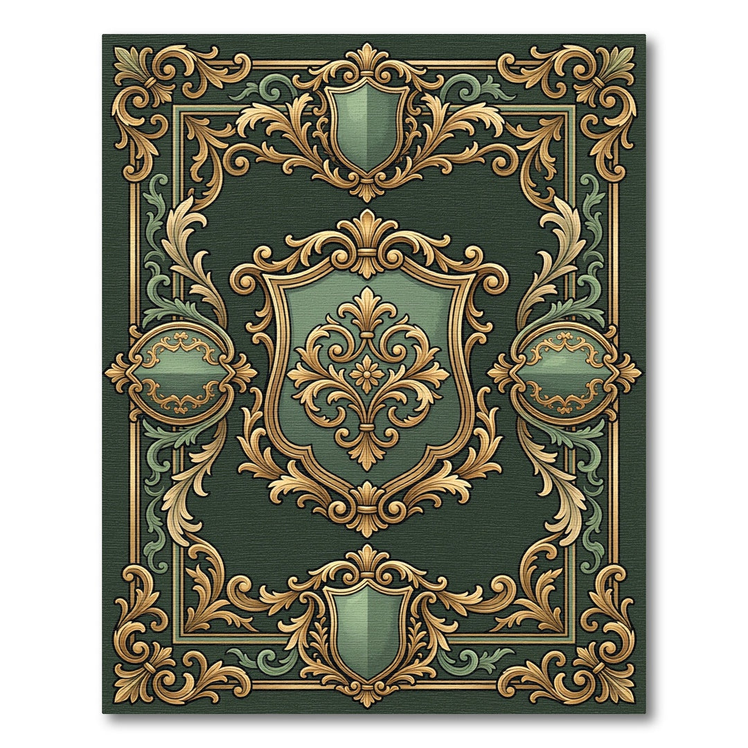Ornate Green Gold Scrollwork Emblem Rug