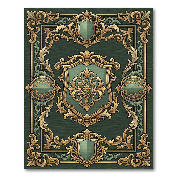 Ornate Green Gold Scrollwork Emblem Rug