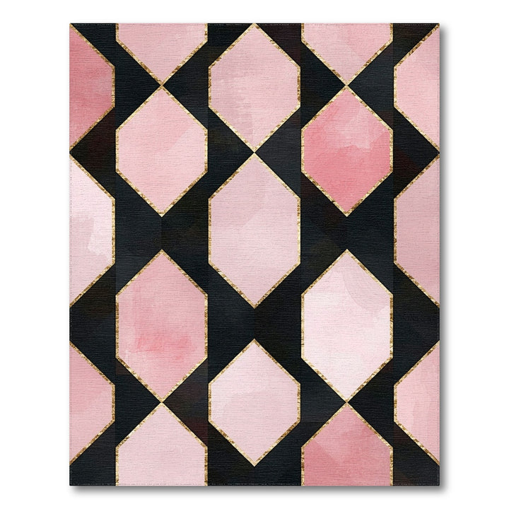 Pink Geometric Diamond Area Rug with Gold Accents