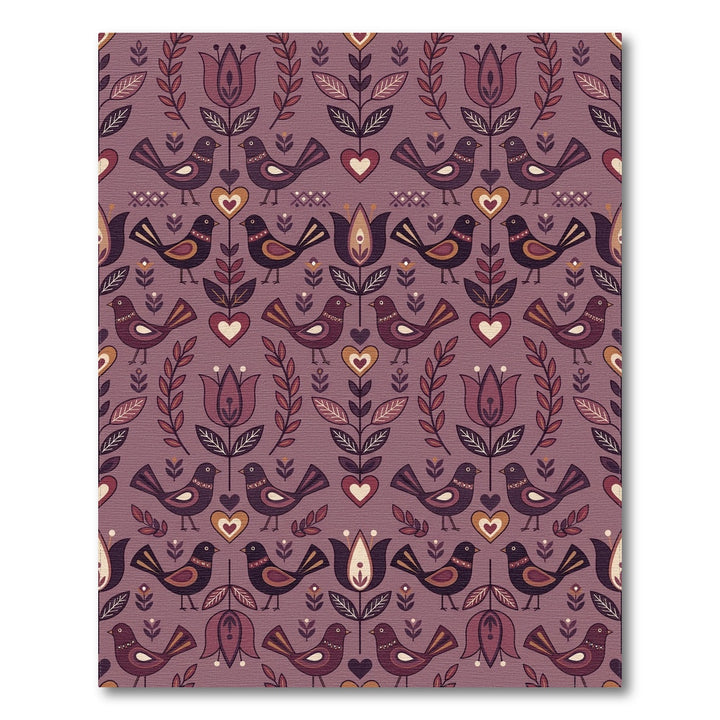 Muted Plum Folk Birds Heart Floral Rug