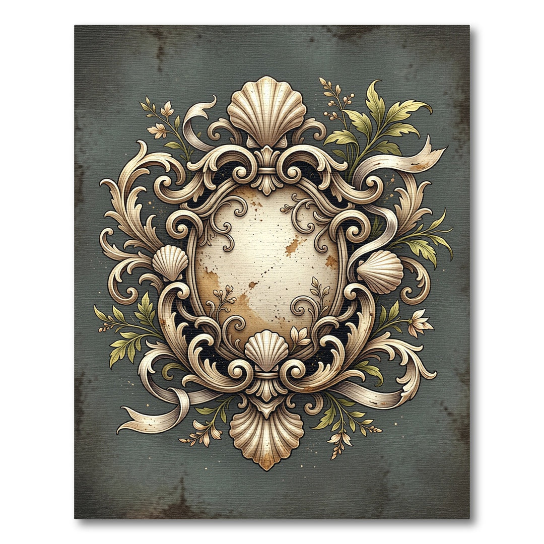 Ornate Seashell Scrollwork Emblem Rug