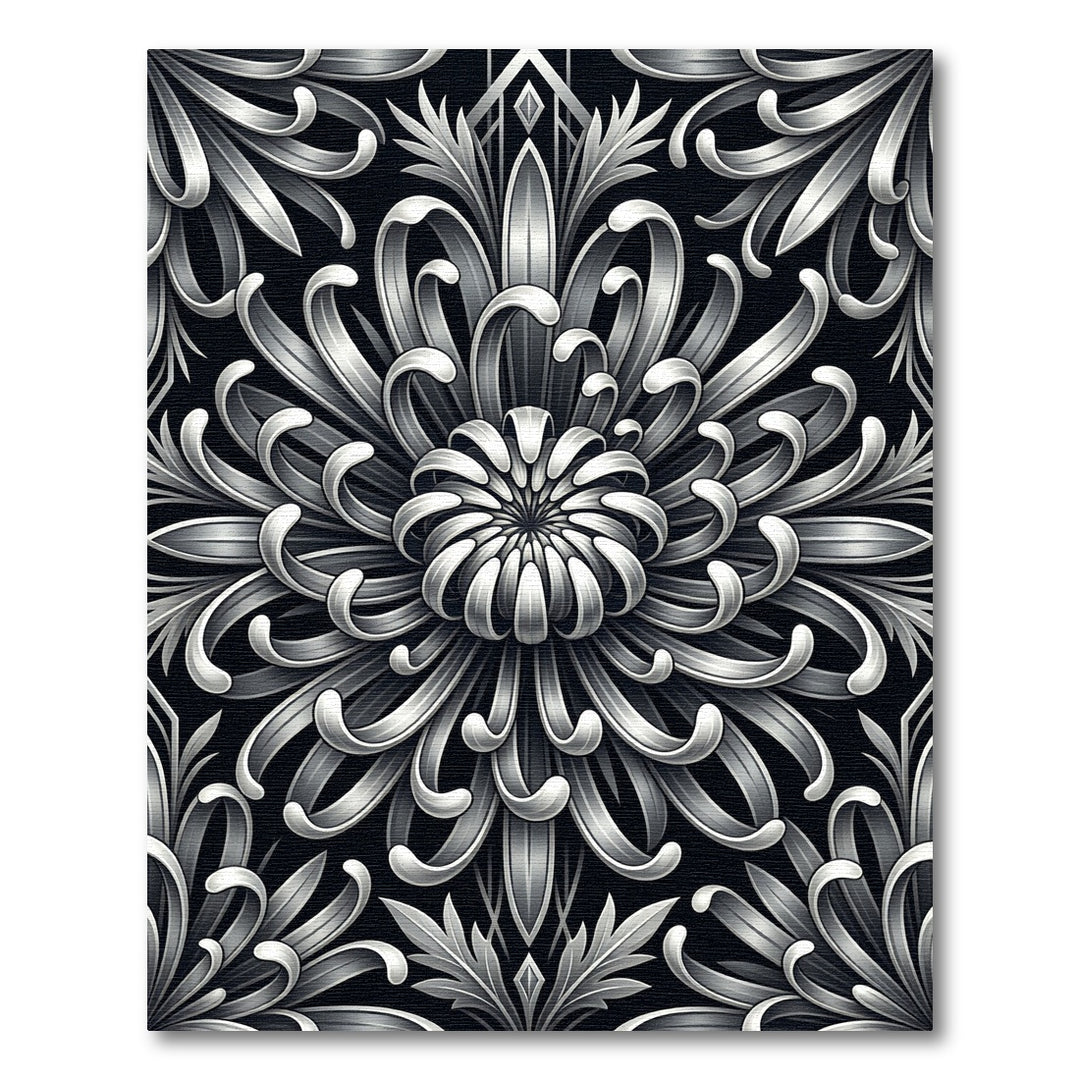 Art Deco Silver Floral Chrysanthemum Rug