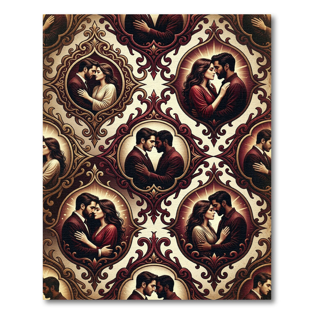 Romantic Couple Oval Frame Red Medallion Rug