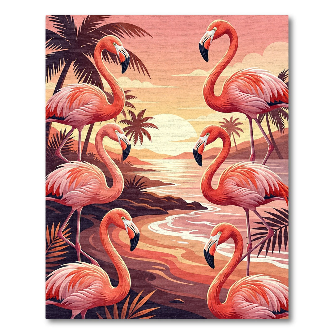 Tropical Flamingo Paradise Sunset Scene Rug