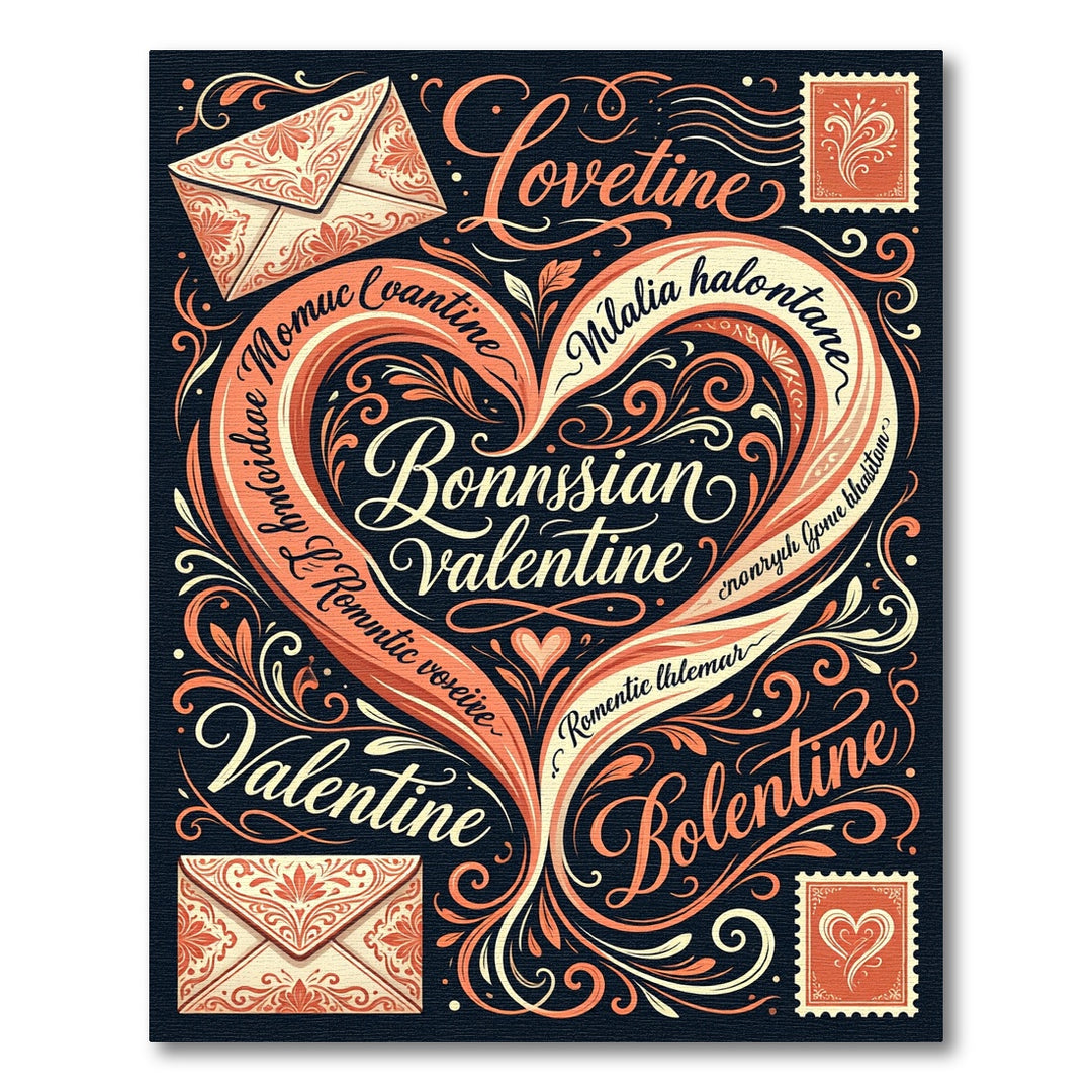 Romantic Coral Heart Swirl Calligraphy Rug